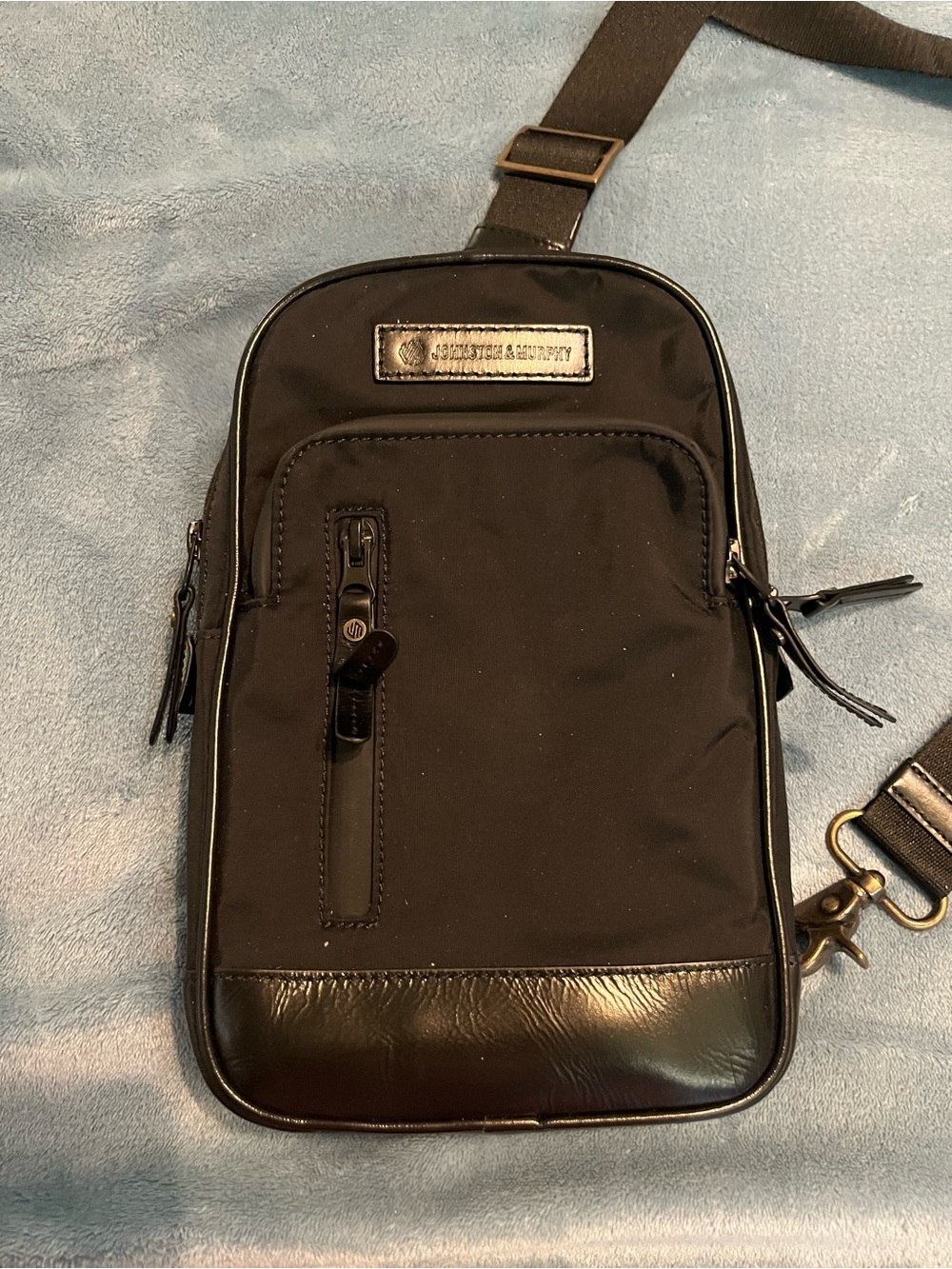 Johnston & Murphy Black Crossbody Sling Bag with Gold Hardware